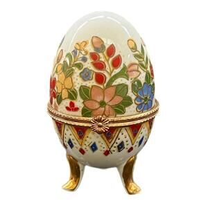 Vintage Porcelain Footed Egg Shaped 4” Trinket Jewelry Box Flowers Gold Gilded